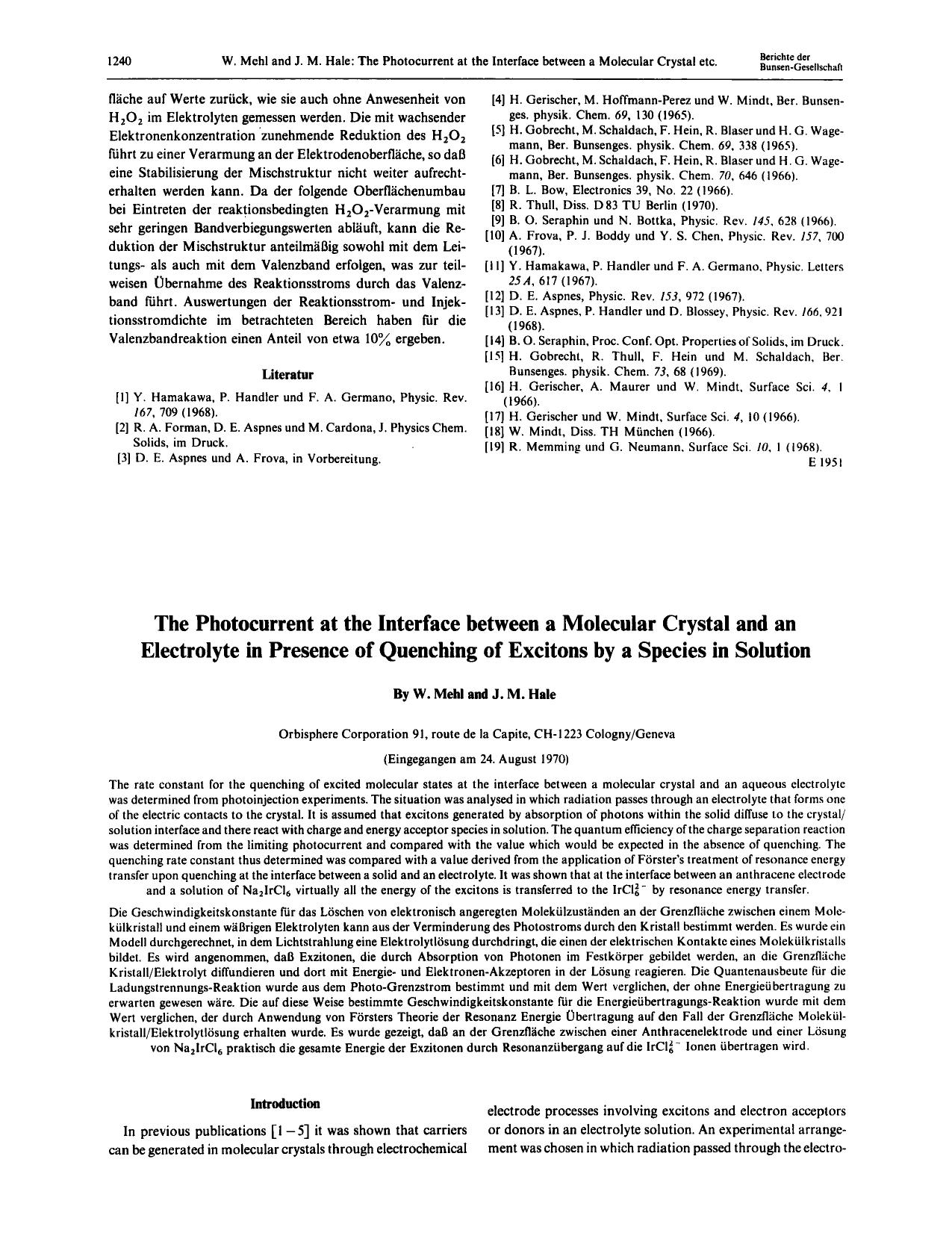 The photocurrent at the interface between a molecular crystal and an electrolyte in presence of quenching of excitons by a species in solution by Unknown