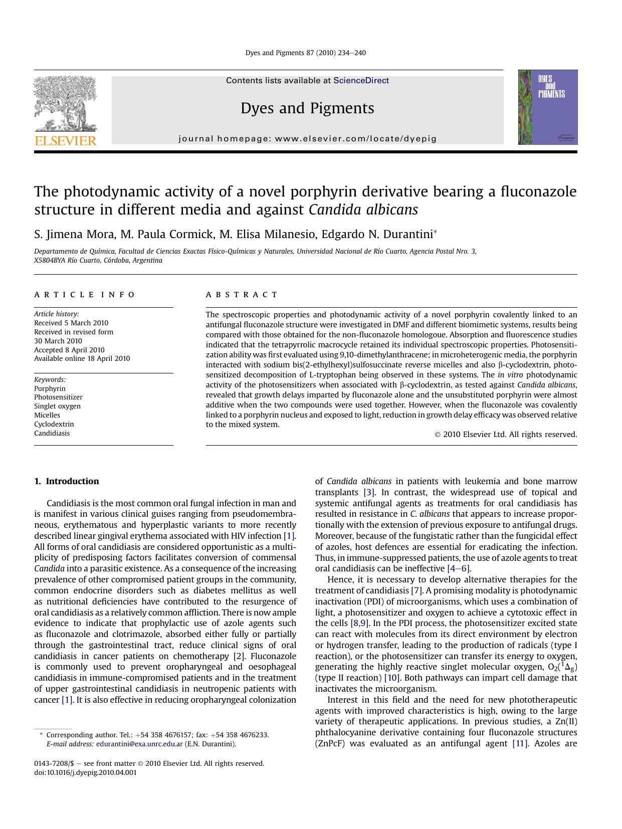 The photodynamic activity of a novel porphyrin derivative bearing a fluconazole structure in different media and against Candida albicans by M. Paula Cormick & M. Elisa Milanesio & Edgardo N. Durantini