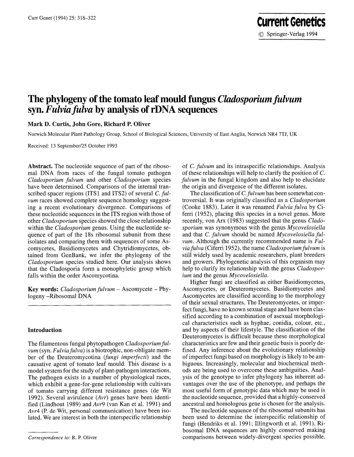 The phylogeny of the tomato leaf mould fungus <Emphasis Type="Italic">Cladosporium fulvum<Emphasis> syn. <Emphasis Type="Italic">Fulvia fulva<Emphasis> by analysis of rDNA sequences by Unknown