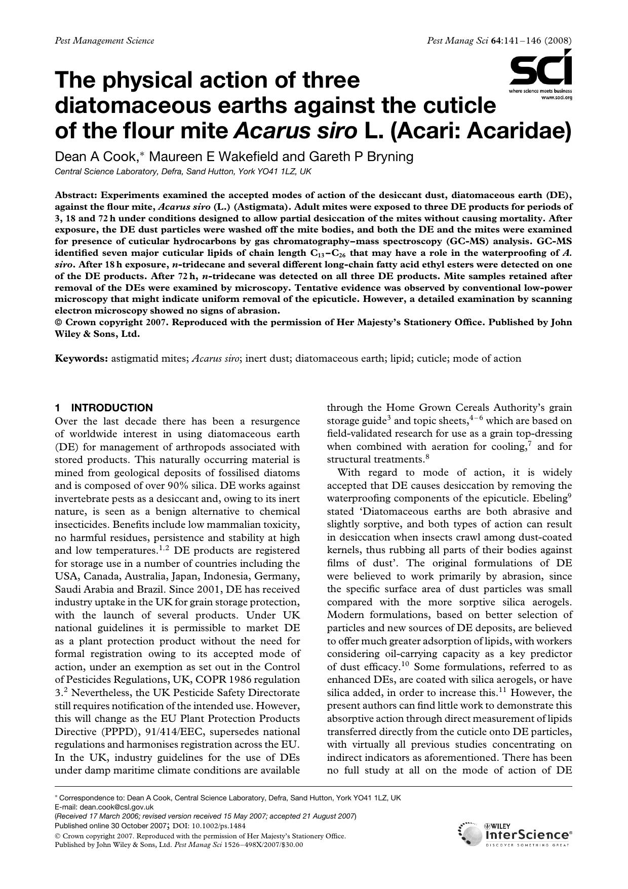 The physical action of three diatomaceous earths against the cuticle of the flour mite Acarus siro L. (Acari: Acaridae) by Unknown