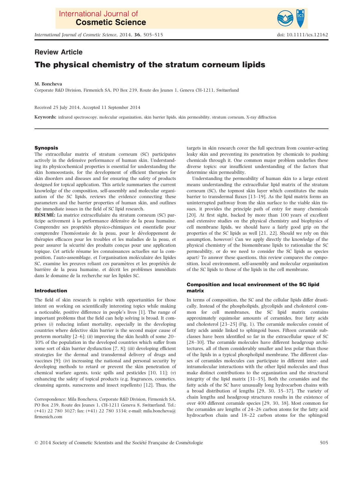 The physical chemistry of the stratum corneum lipids by Unknown