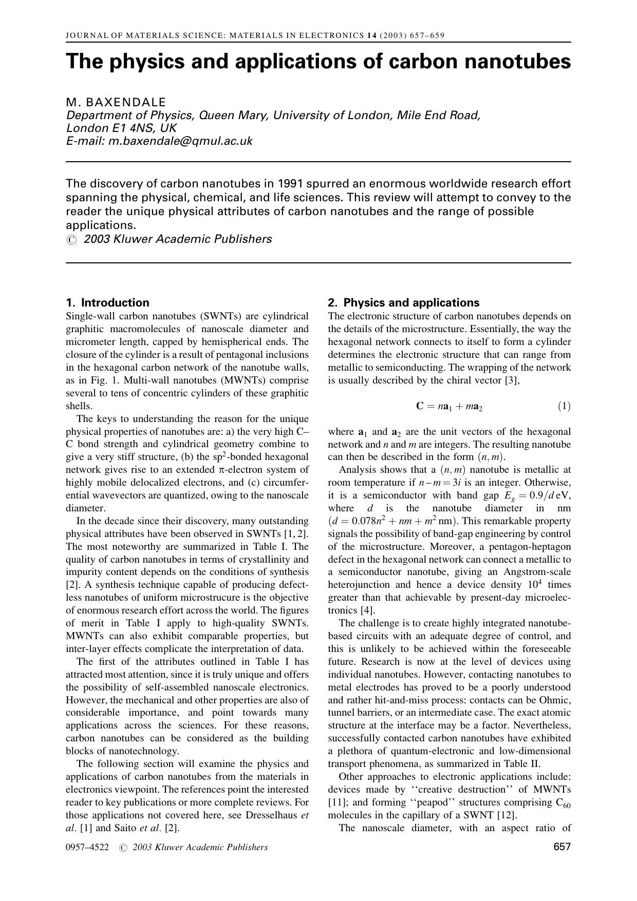 The physics and applications of carbon nanotubes by Unknown