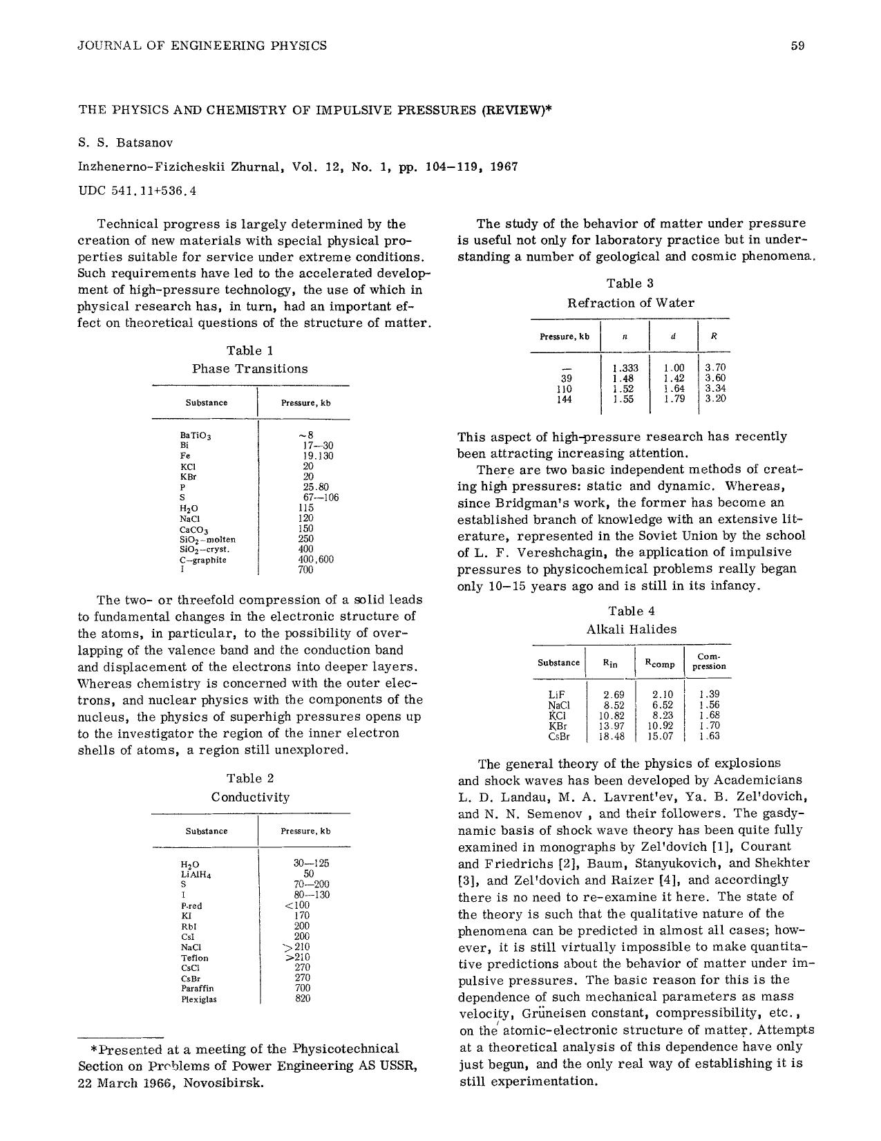 The physics and chemistry of impulsive pressures (review) by Unknown