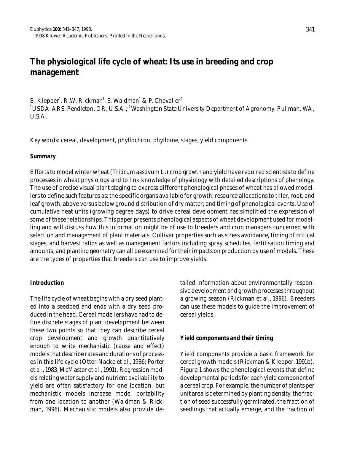 The physiological life cycle of wheat: Its use in breeding and crop management by Unknown