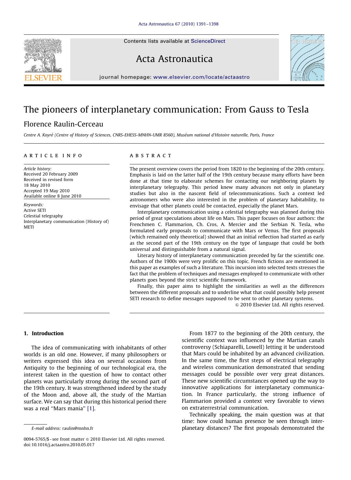 The pioneers of interplanetary communication From Gauss to Tesla by Florence Raulin-Cerceau