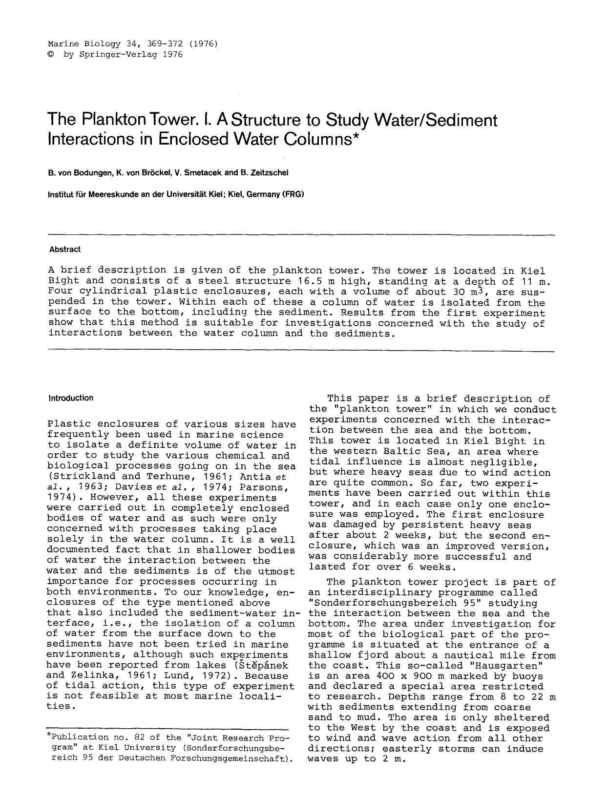 The plankton tower. I. A structure to study watersediment interactions in enclosed water columns by Unknown