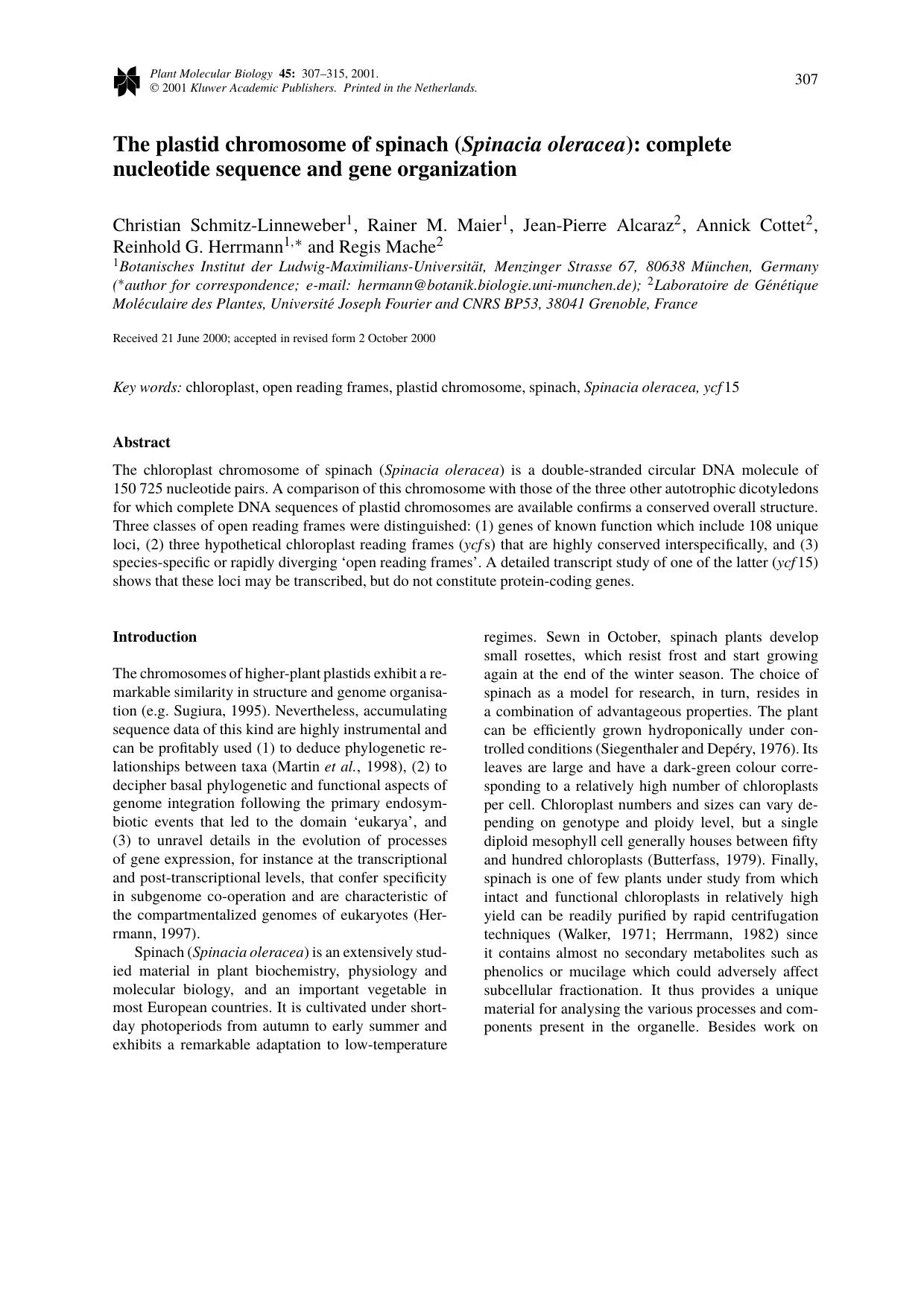 The plastid chromosome of spinach (Spinacia oleracea): complete nucleotide sequence and gene organization by Unknown