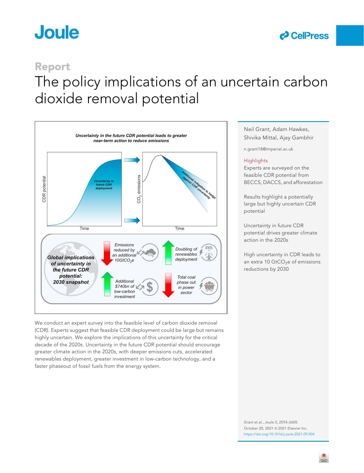 The policy implications of an uncertain carbon dioxide removal potential by Neil Grant & Adam Hawkes & Shivika Mittal & Ajay Gambhir