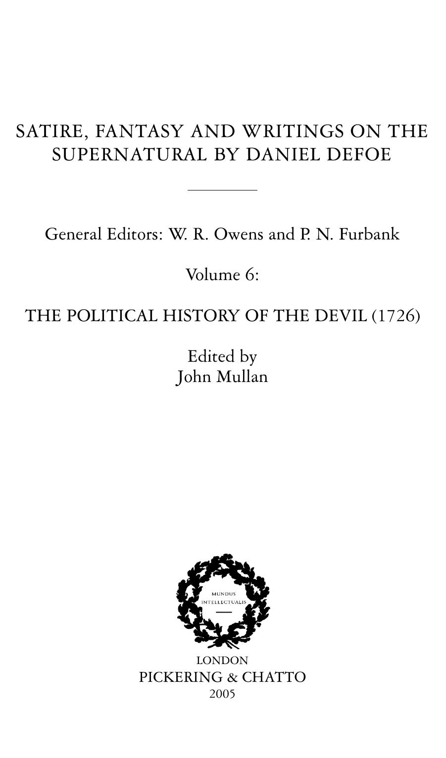 The political history of the devil (1726) by Daniel Defoe; John Mullan (ed.)