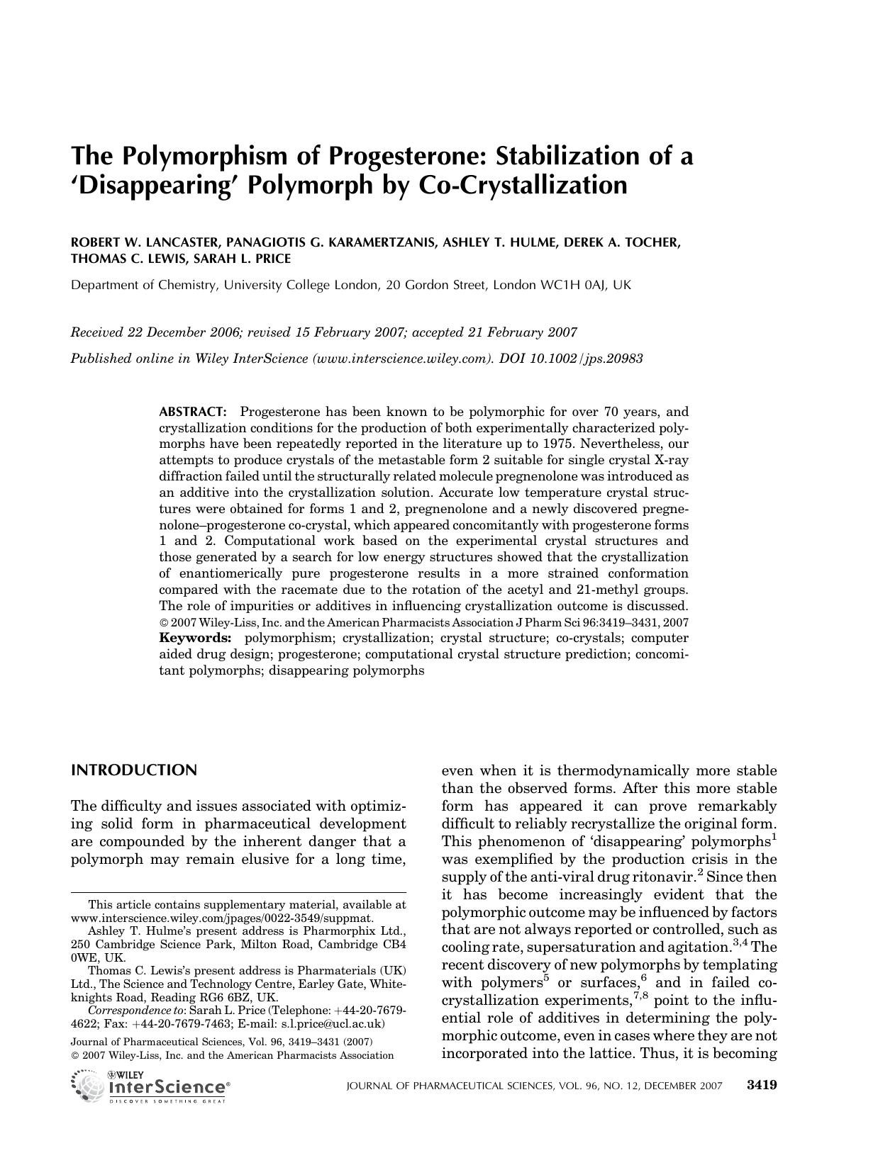 The polymorphism of progesterone: Stabilization of a `disappearing' polymorph by co-crystallization by Unknown