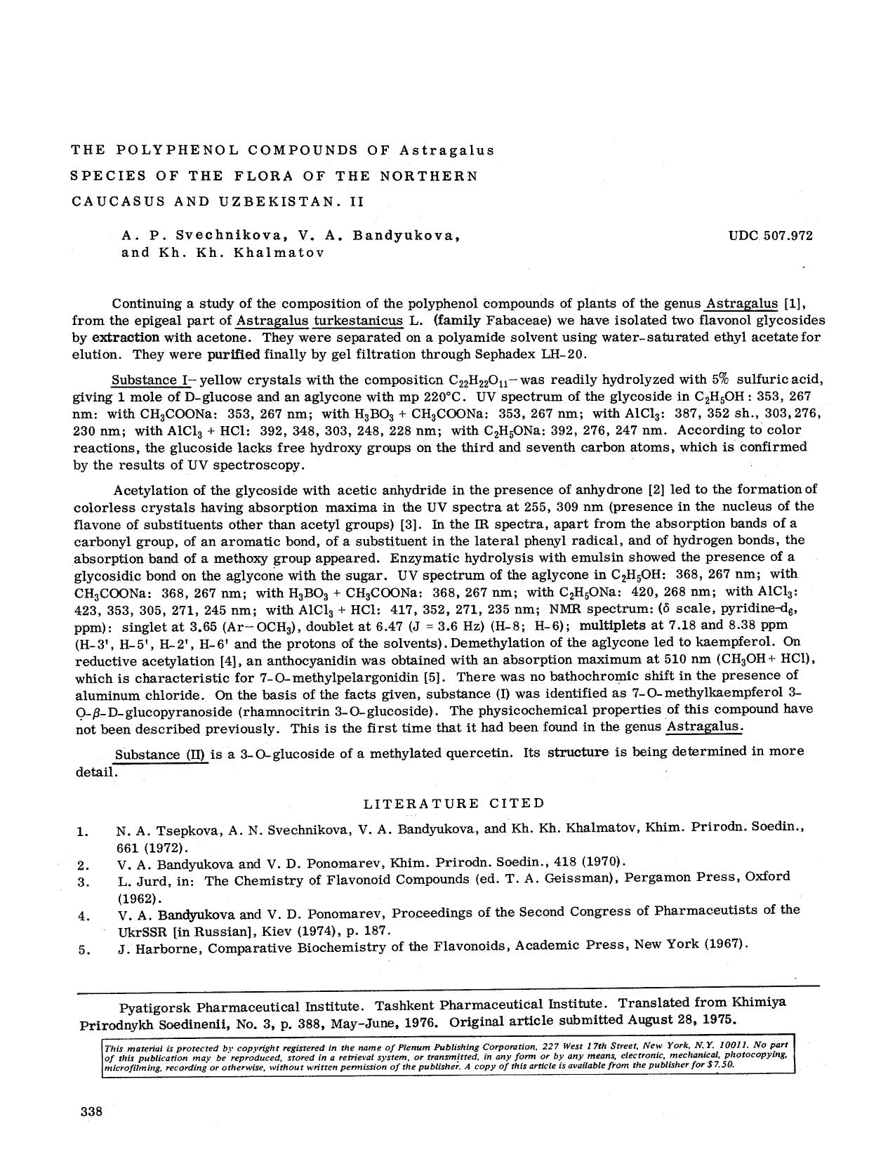 The polyphenol compounds of astragalus species of the flora of the Northern Caucasus and Uzbekistan. II by Unknown