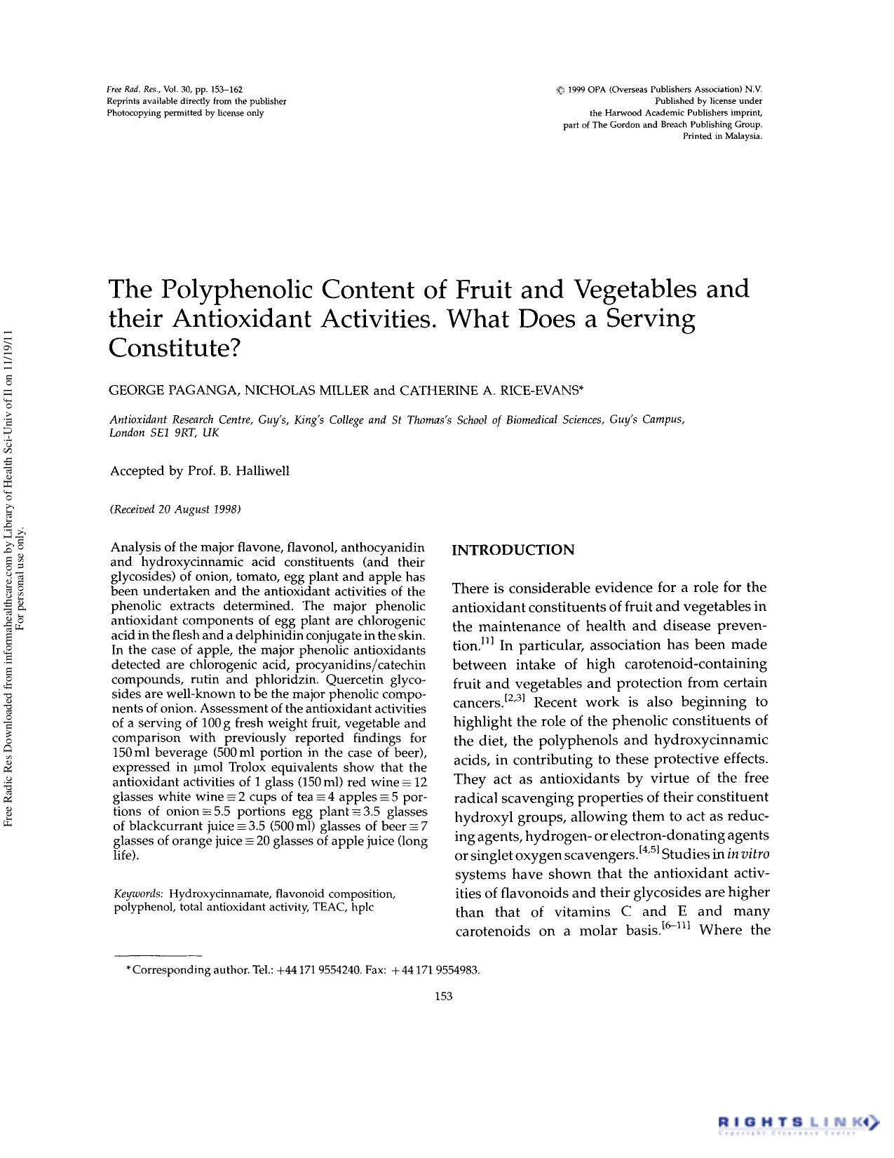 The polyphenolic content of fruit and vegetables and their antioxidant activities. What does a serving constitute? by George Paganga Nicholas Miller & Catherine A. Rice-Evans