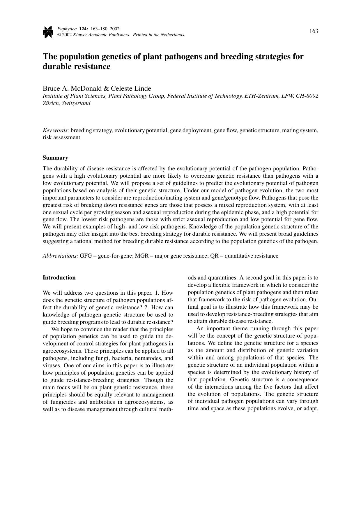 The population genetics of plant pathogens and breeding strategies for durable resistance by Unknown