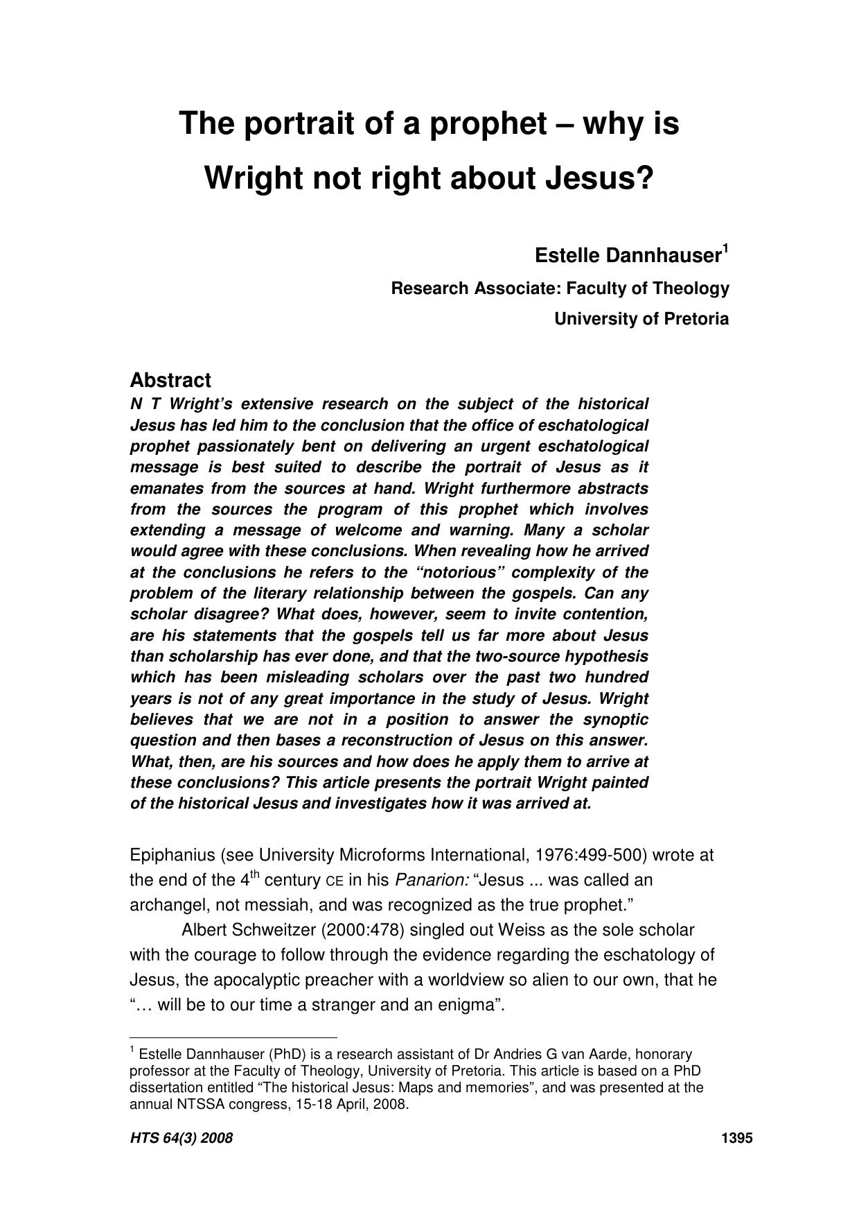 The portrait of a prophet – why is Wright not right about Jesus? by Estelle Dannhauser