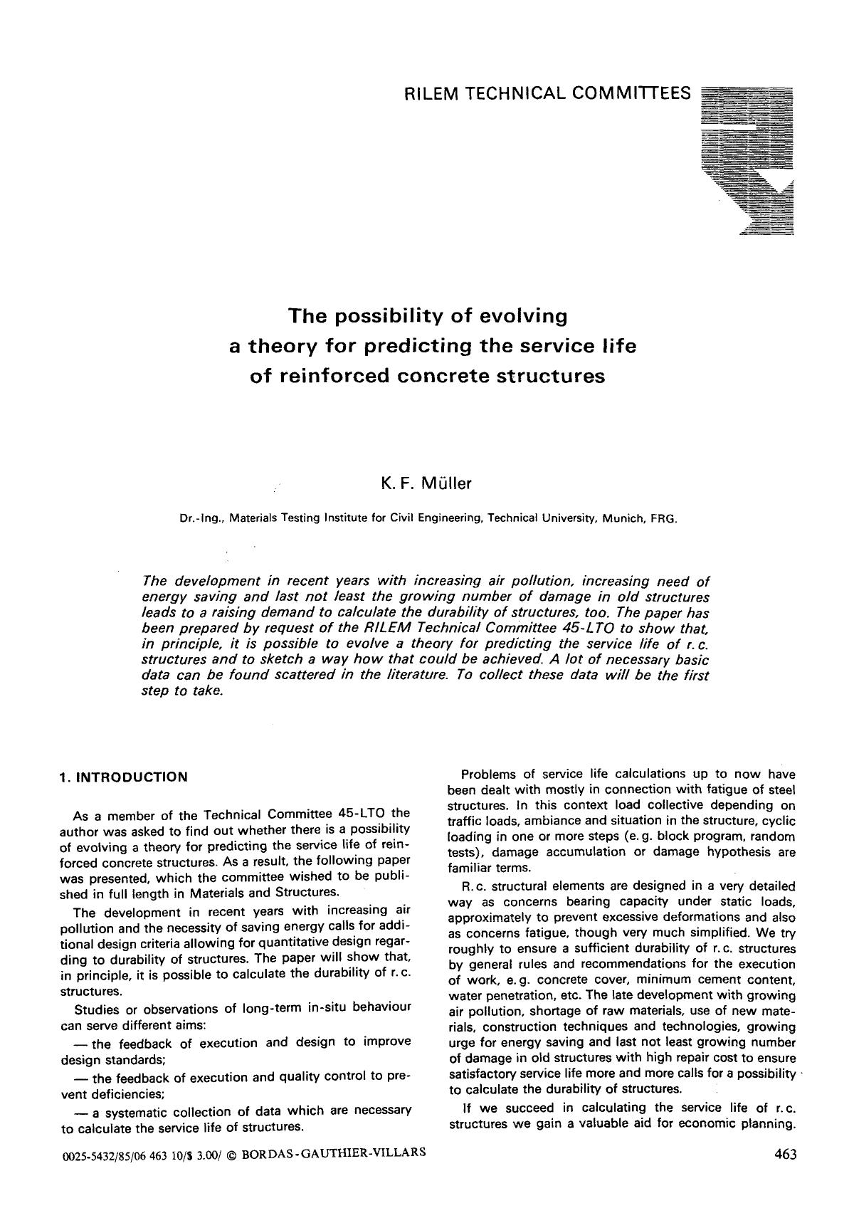 The possibility of evolving a theory for predicting the service life of reinforced concrete structures by Unknown