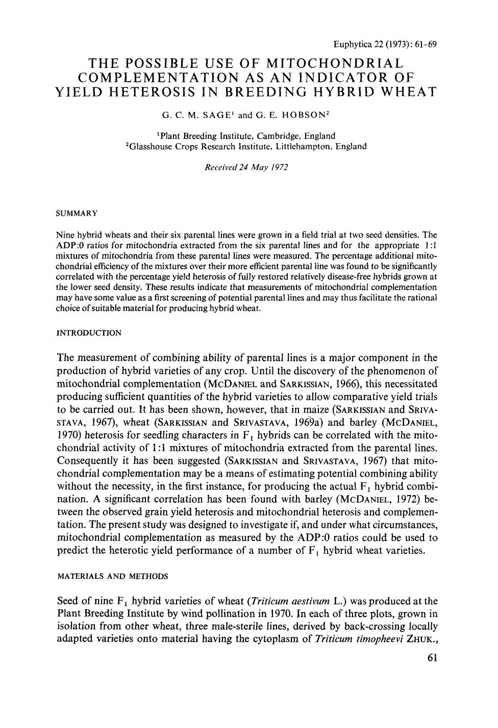 The possible use of mitochondrial complementation as an indicator of yield heterosis in breeding hybrid wheat by Unknown