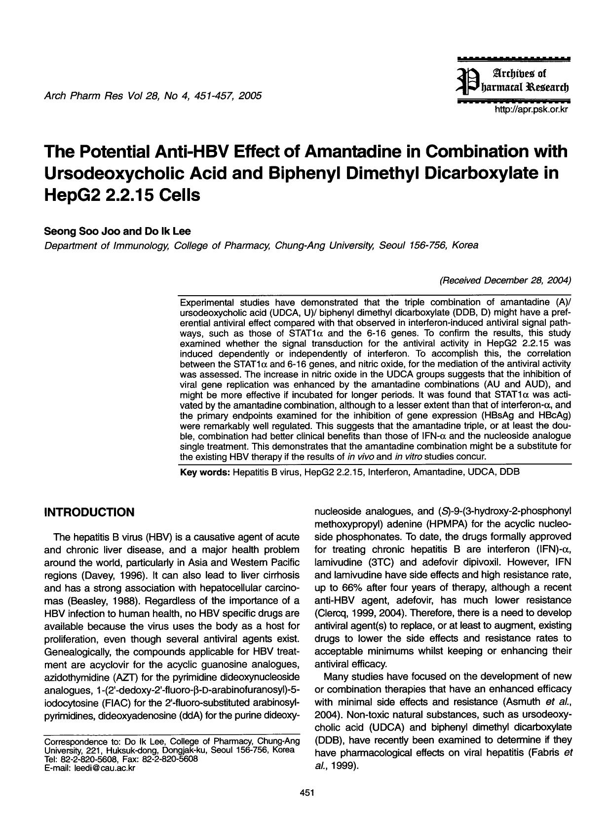 The potential anti-HBV effect of amantadine in combination with ursodeoxycholic acid and biphenyl dimethyl dicarboxylate in HepG2 2.2.15 cells by Unknown