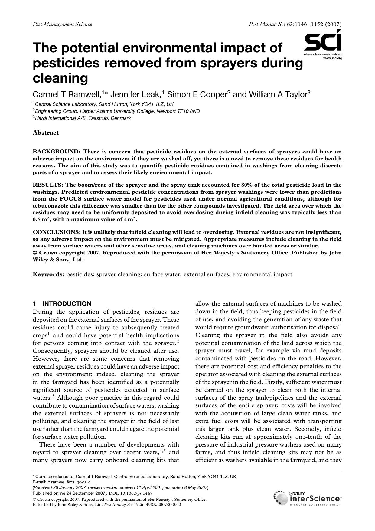 The potential environmental impact of pesticides removed from sprayers during cleaning by Unknown