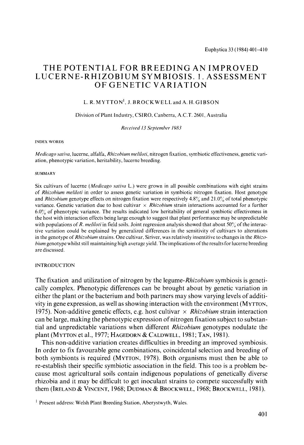 The potential for breeding an improved lucerne-rhizobium symbiosis. 1. Assessment of genetic variation by Unknown