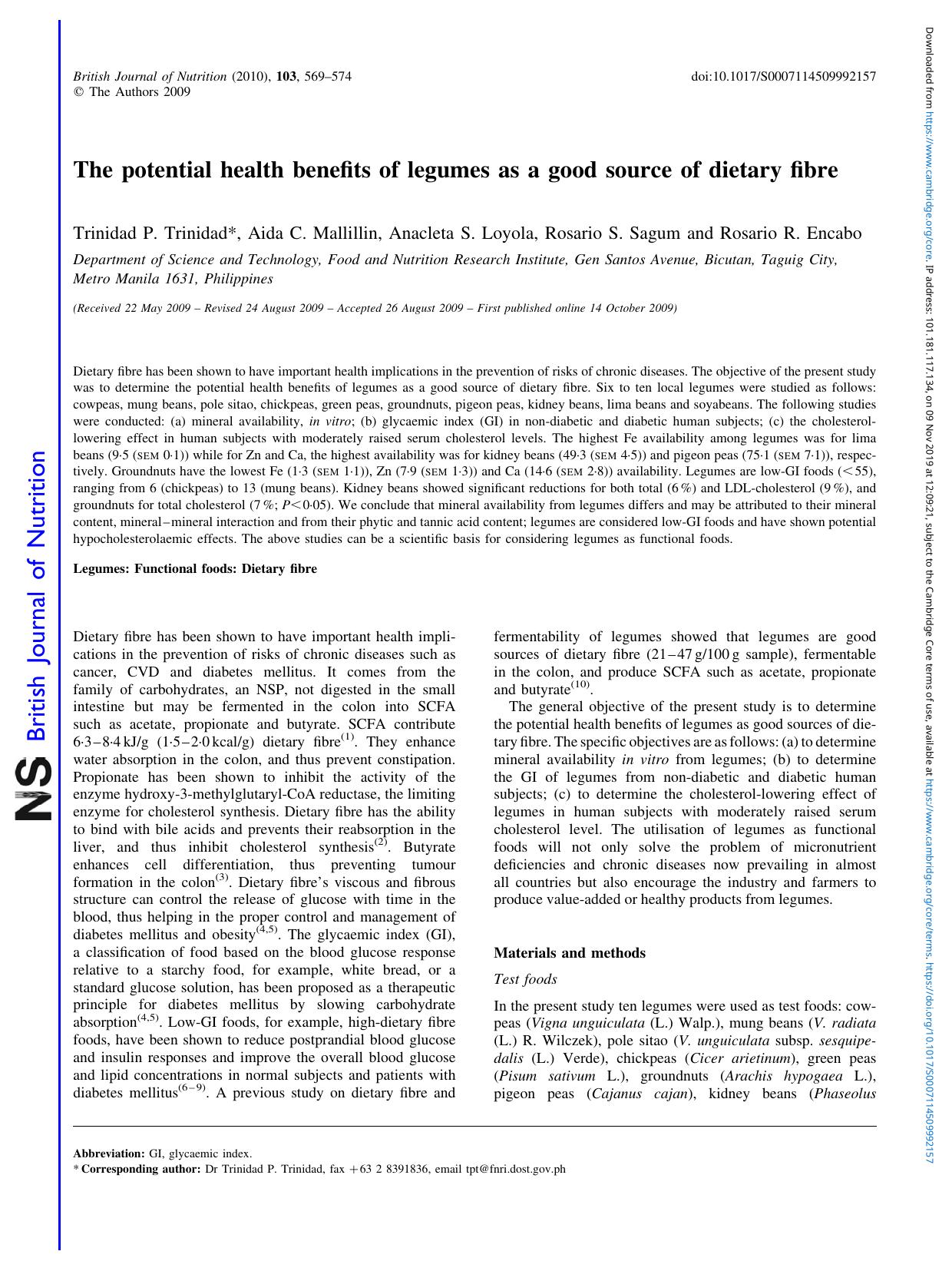 The potential health benefits of legumes as a good source of dietary fibre by Trinidad P. Trinidad Aida C. Mallillin Anacleta S. Loyola Rosario S. Sagum Rosario R. Encabo
