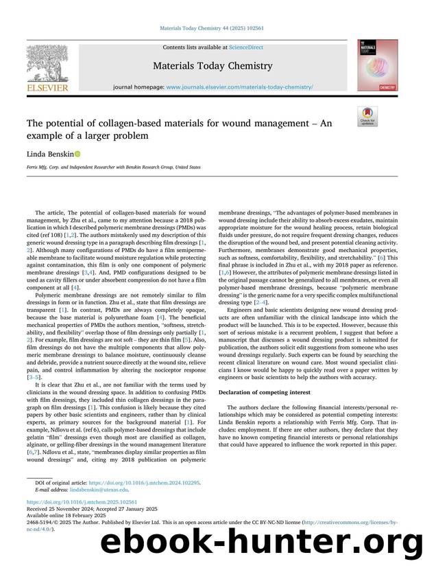 The potential of collagen-based materials for wound management â An example of a larger problem by Linda Benskin