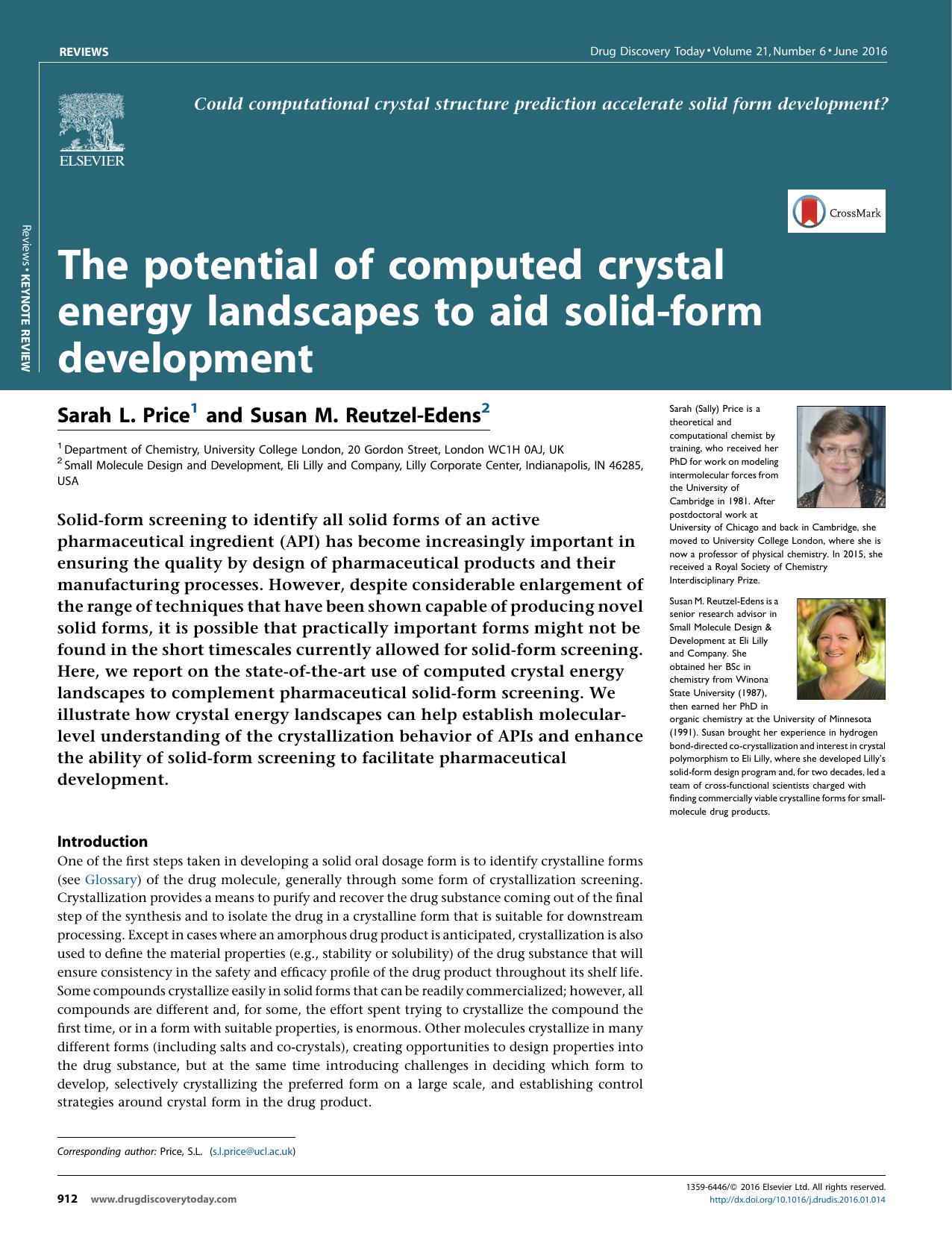 The potential of computed crystal energy landscapes to aid solid-form development by Sarah L. Price & Susan M. Reutzel-Edens