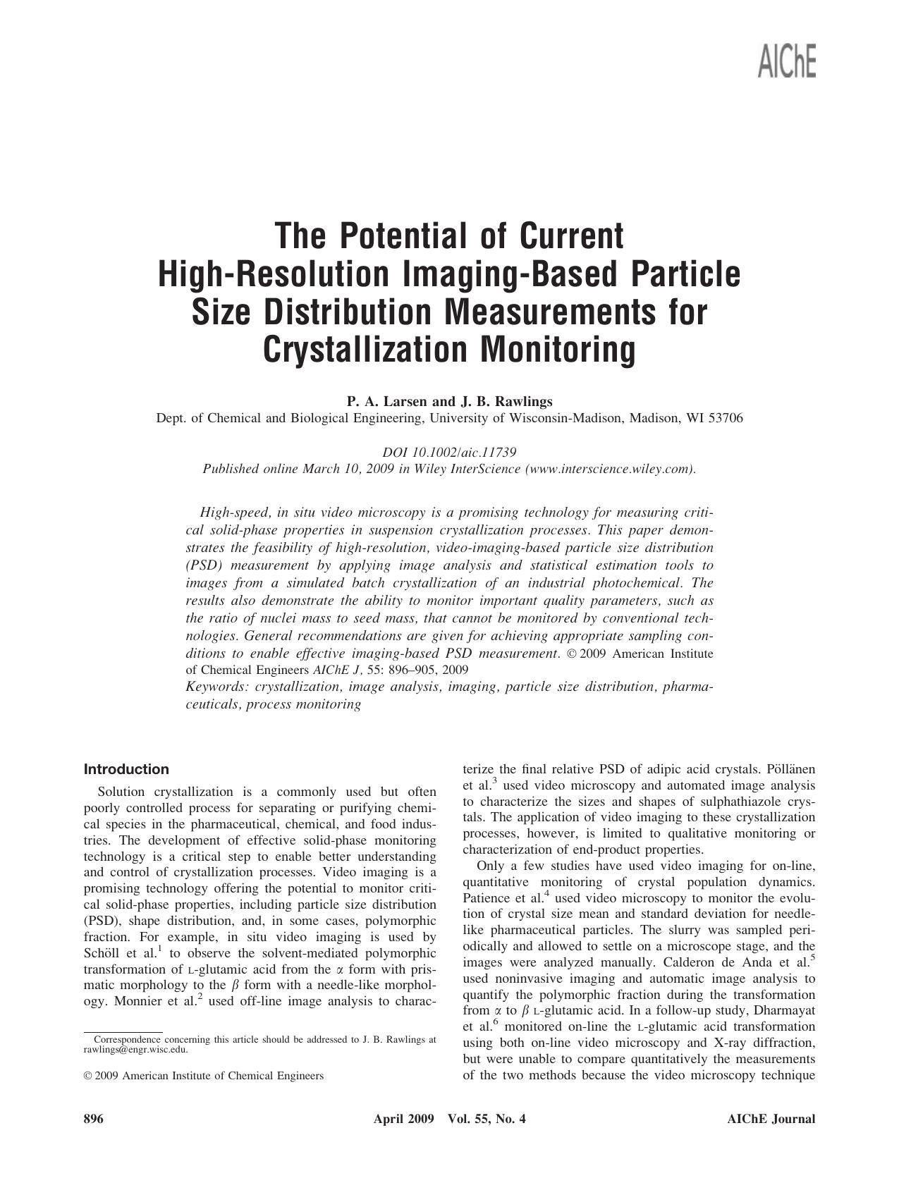 The potential of current high-resolution imaging-based particle size distribution measurements for crystallization monitoring by Unknown
