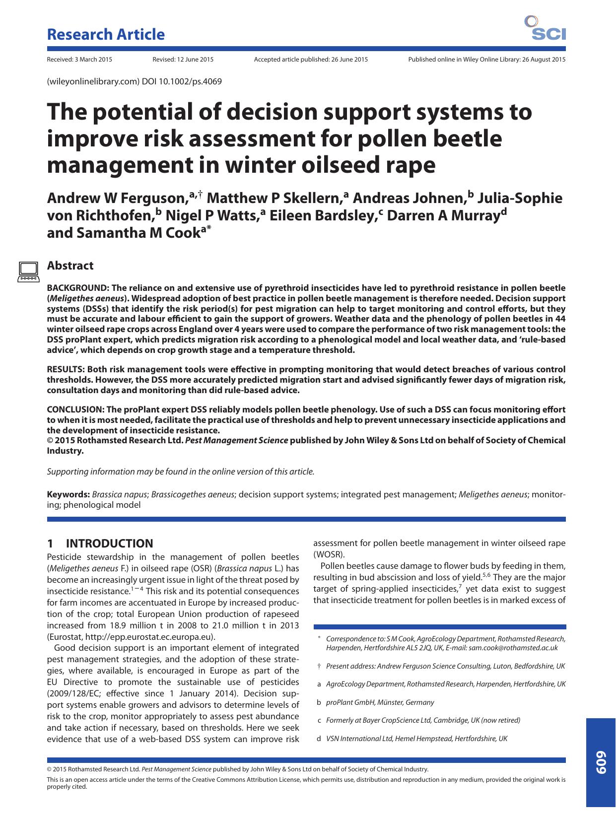 The potential of decision support systems to improve risk assessment for pollen beetle management in winter oilseed rape by Unknown