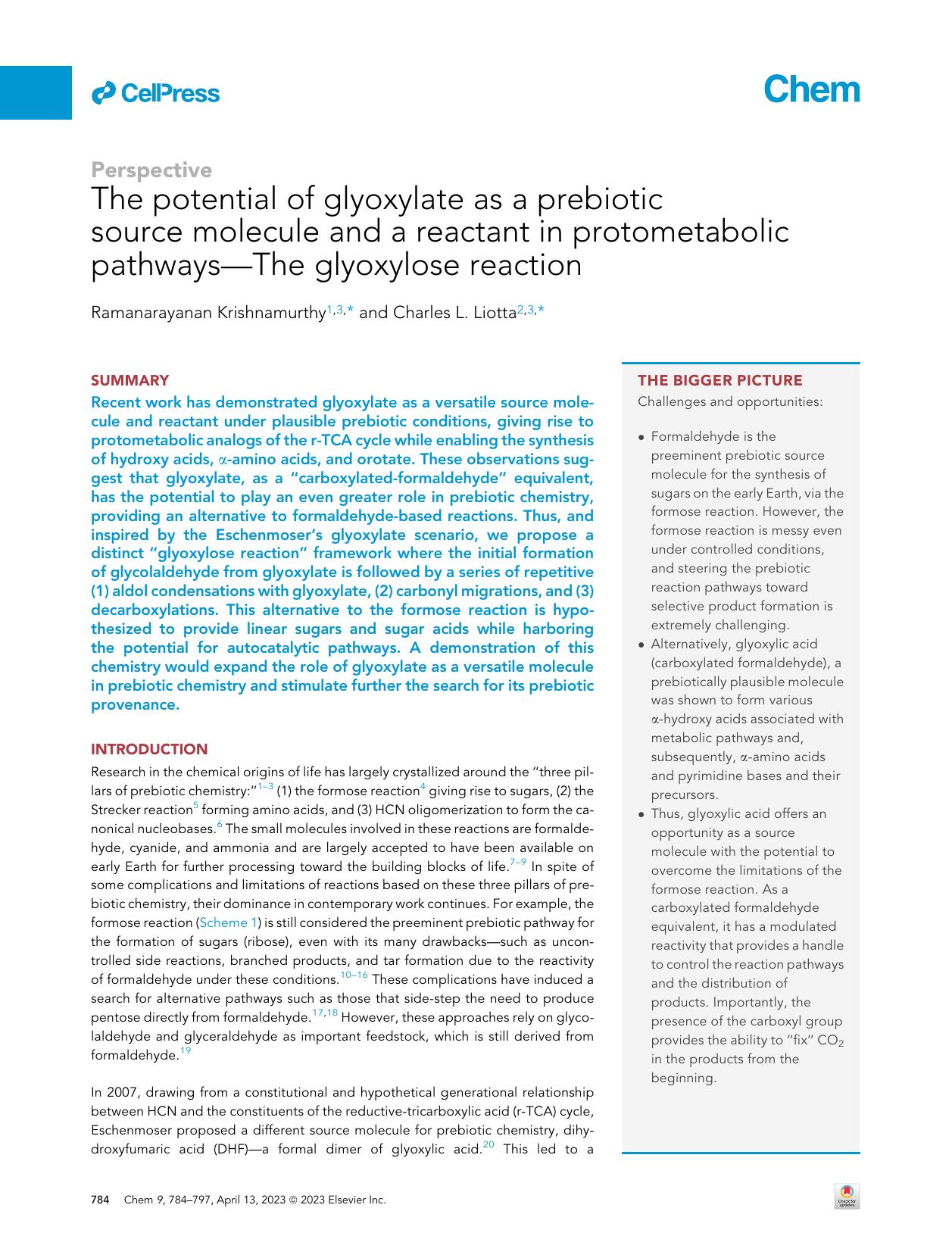 The potential of glyoxylate as a prebiotic source molecule and a reactant in protometabolic pathways-The glyoxylose reaction by Ramanarayanan Krishnamurthy & Charles L. Liotta