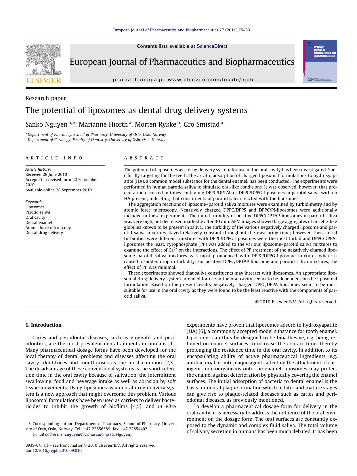 The potential of liposomes as dental drug delivery systems by Sanko Nguyen & Marianne Hiorth & Morten Rykke & Gro Smistad