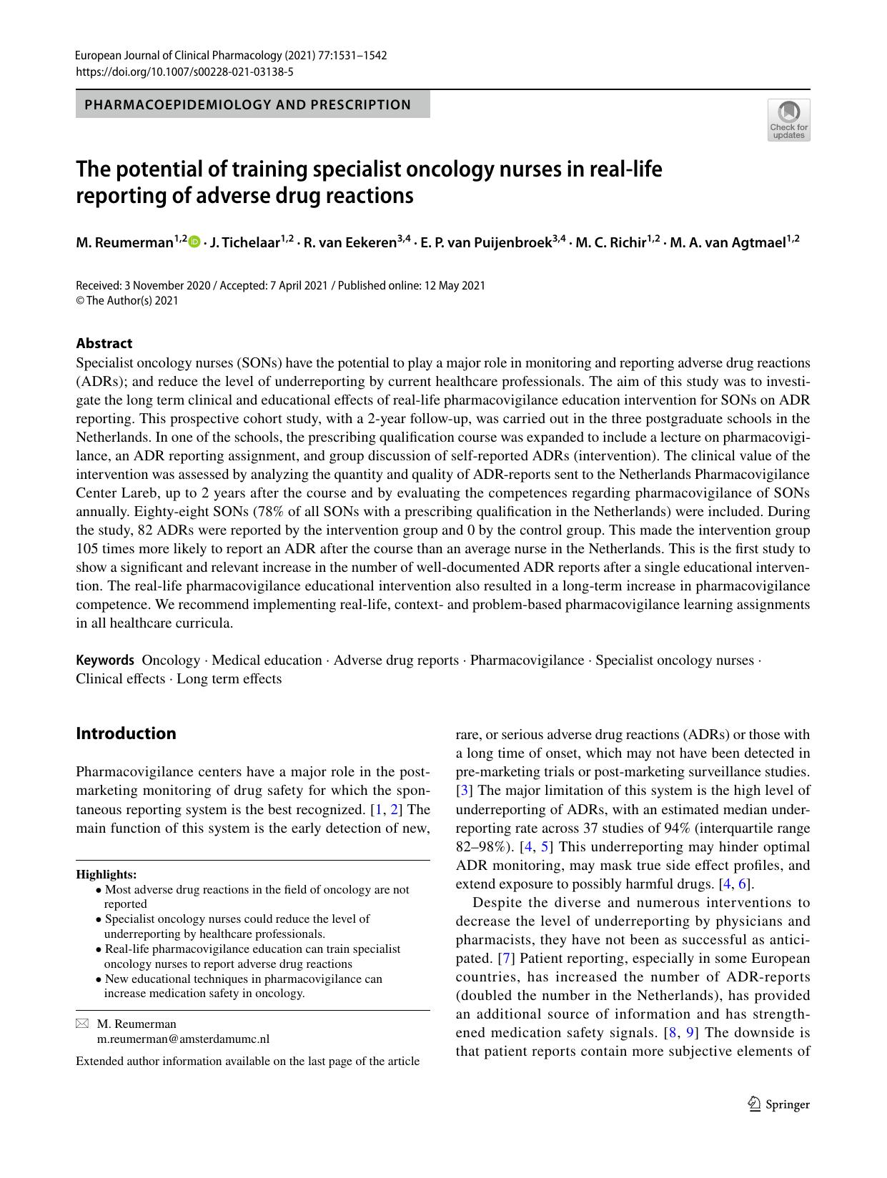 The potential of training specialist oncology nurses in real-life reporting of adverse drug reactions by unknow