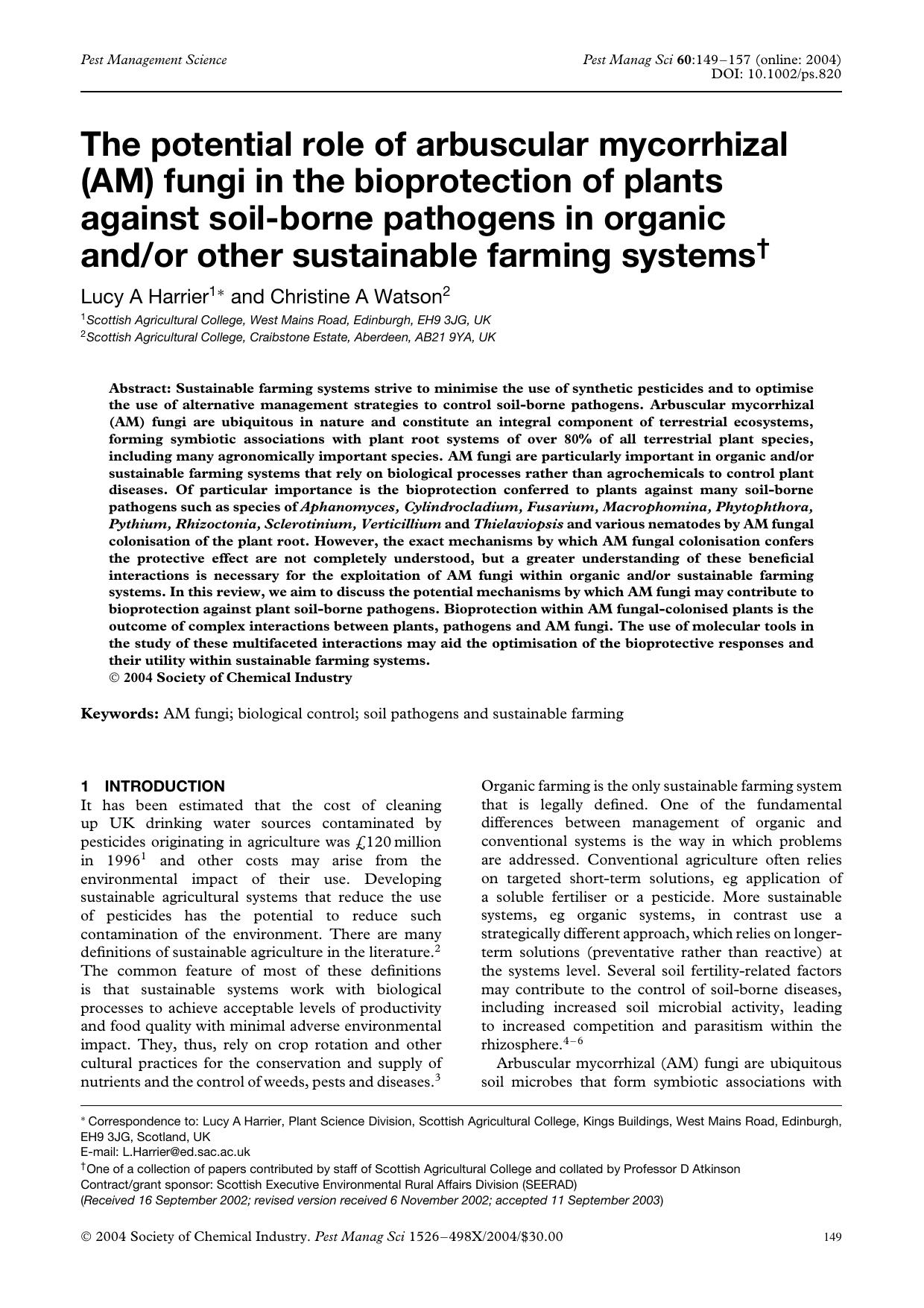 The potential role of arbuscular mycorrhizal (AM) fungi in the bioprotection of plants against soil-borne pathogens in organic andor other sustainable farming systems by Unknown