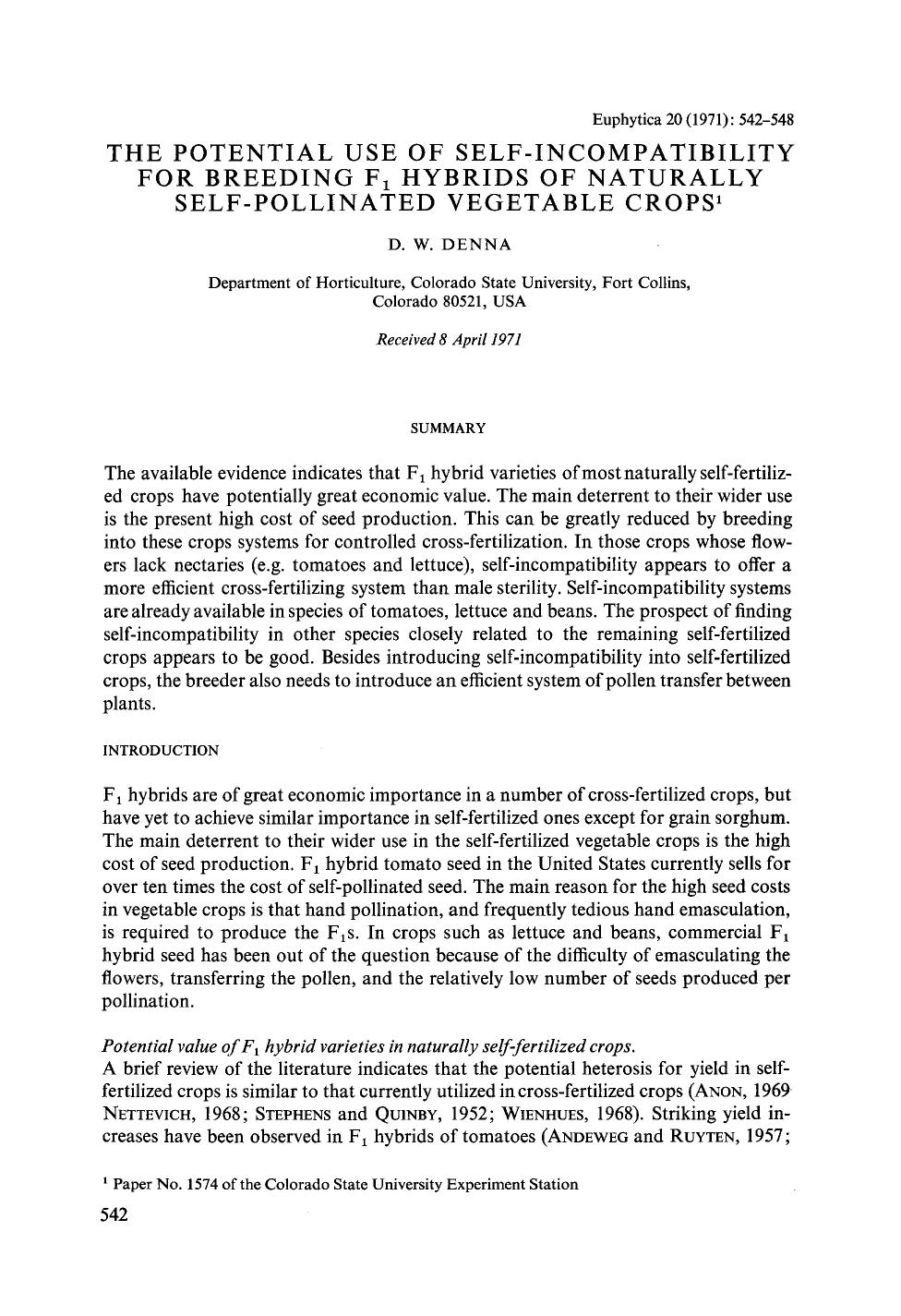 The potential use of self-incompatibility for breeding F<Subscript>1<Subscript> hybrids of naturally self-pollinated vegetable crops by Unknown