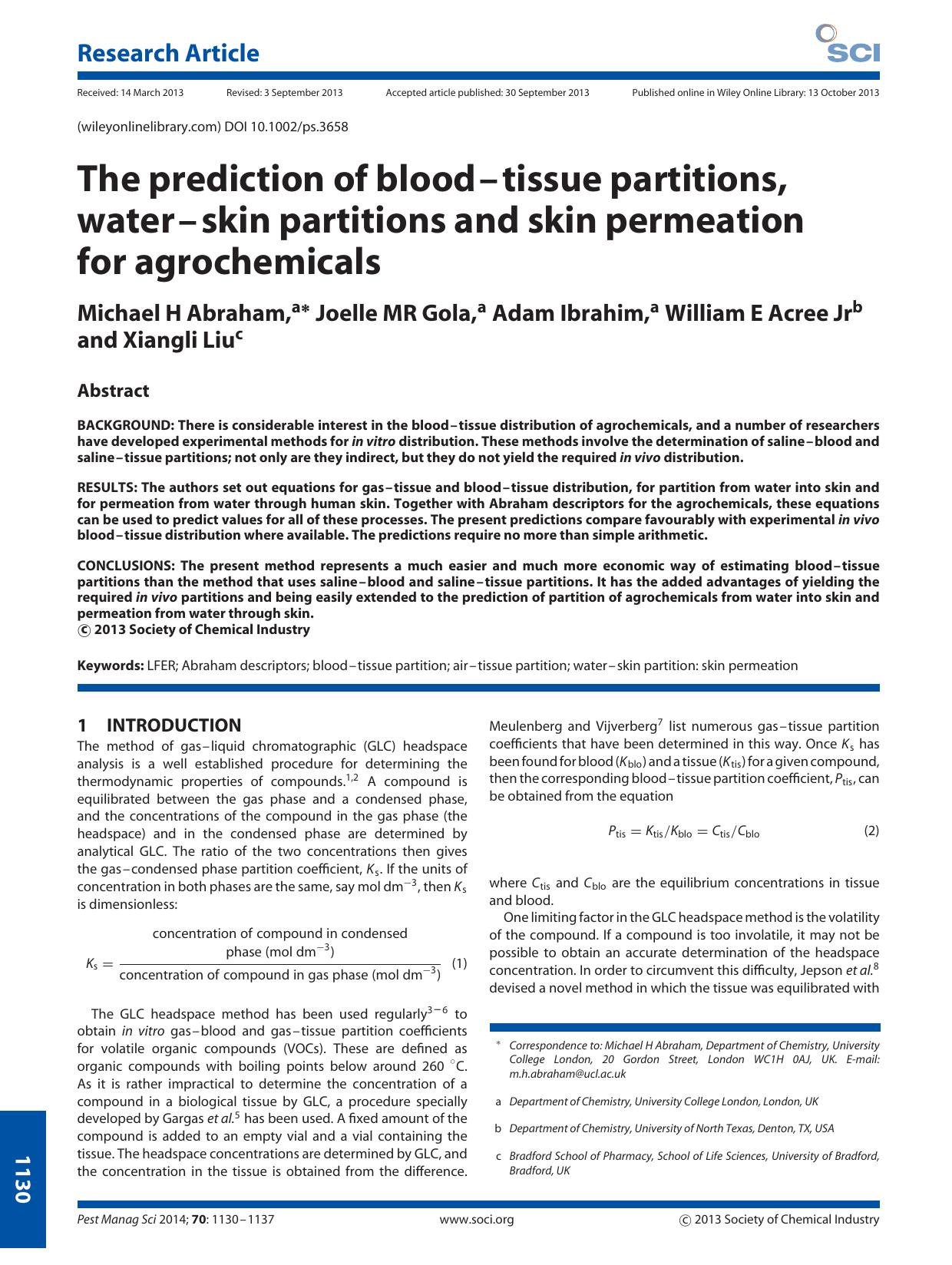 The prediction of bloodtissue partitions, waterskin partitions and skin permeation for agrochemicals by Unknown