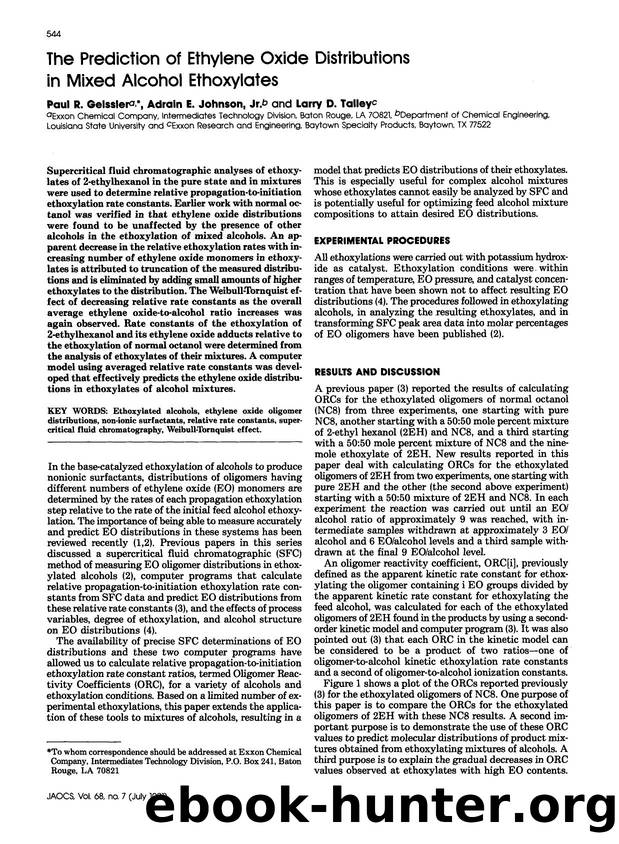The prediction of ethylene oxide distributions in mixed alcohol ethoxylates by Unknown