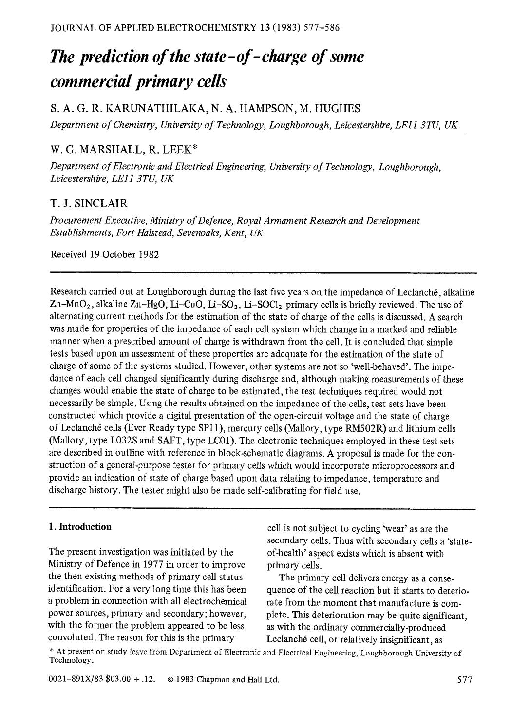 The prediction of the state-of-charge of some commercial primary cells by Unknown