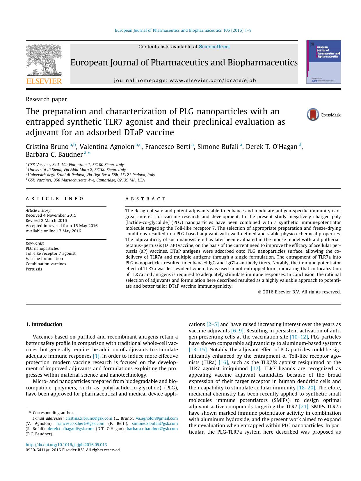The preparation and characterization of PLG nanoparticles with an entrapped synthetic TLR7 agonist and their preclinical evaluation as adjuvant for an adsorbed DTaP vaccine by unknow
