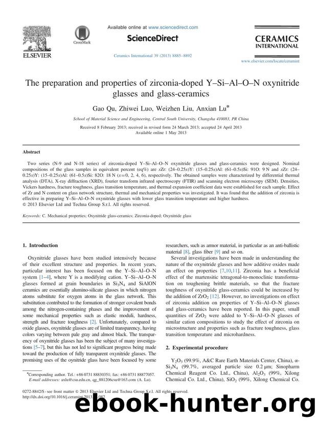 The preparation and properties of zirconia-doped YâSiâAlâOâN oxynitride glasses and glass-ceramics by Gao Qu & Zhiwei Luo & Weizhen Liu & Anxian Lu