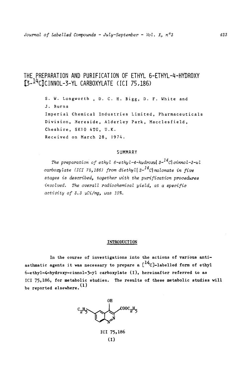 The preparation and purification of ethyl 6-ethyl-4-hydroxy [3-14C] cinnol-3-YL carboxylate (ICI 75,186) by Unknown