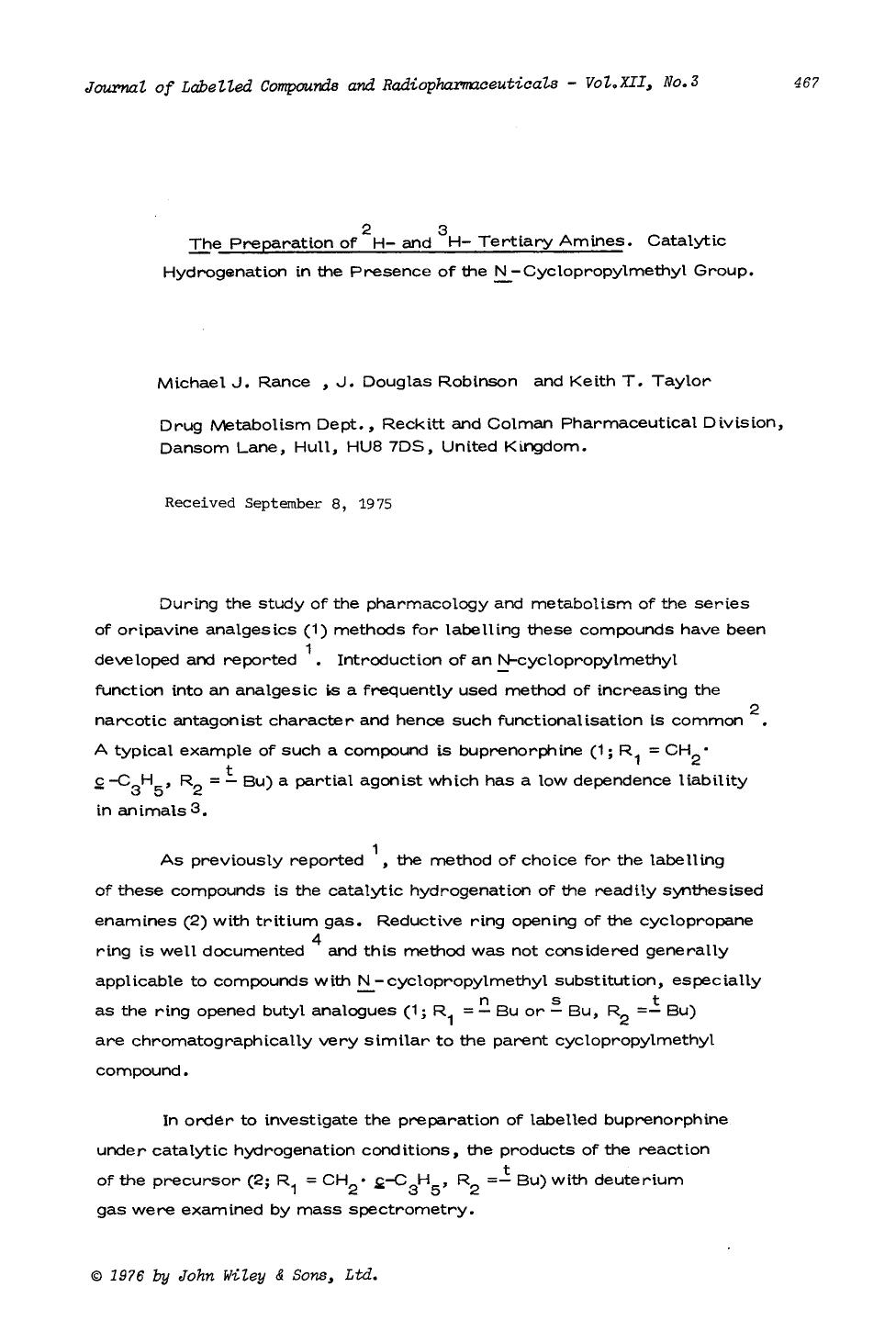 The preparation of 2H- and 3H- tertiary amines. Catalytic hydrogenation in the presence of the N-cyclopropylmethyl group by Unknown