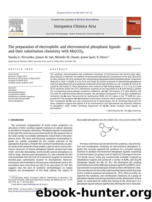 The preparation of electrophilic and electroneutral phosphane ligands and their substitution chemistry with Mo(CO)6 by Natalia G. Petrochko & Jaimee M. Ash & Michelle M. Choate & Justin Spott & R. Peters