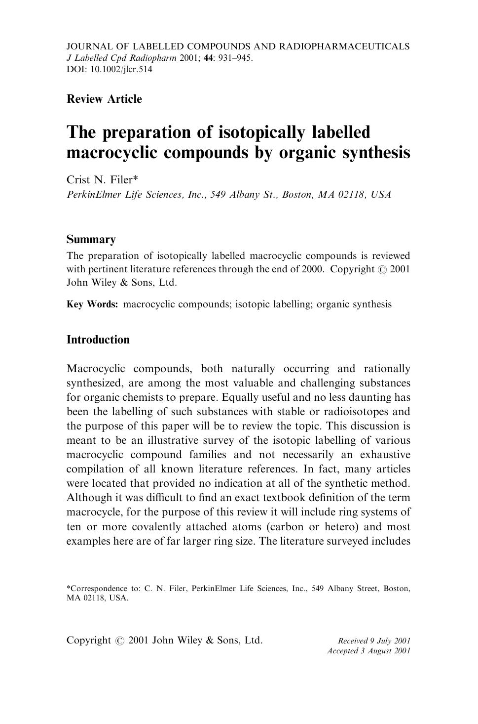 The preparation of isotopically labelled macrocyclic compounds by organic synthesis by Unknown