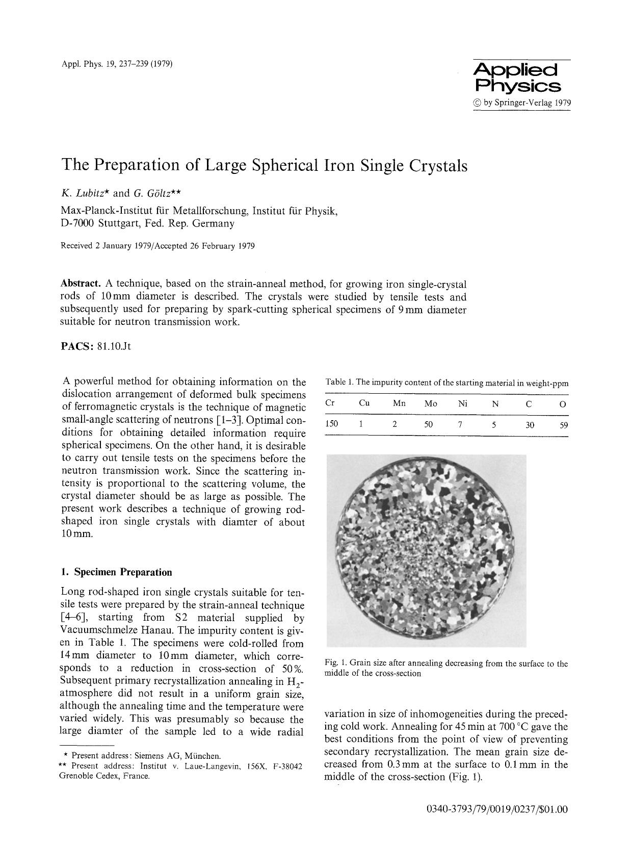 The preparation of large spherical iron single crystals by Unknown