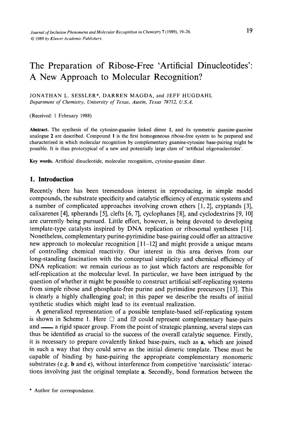 The preparation of ribose-free &#x2018;artificial dinucleotides&#x2019;: A new approach to molecular recognition? by Unknown