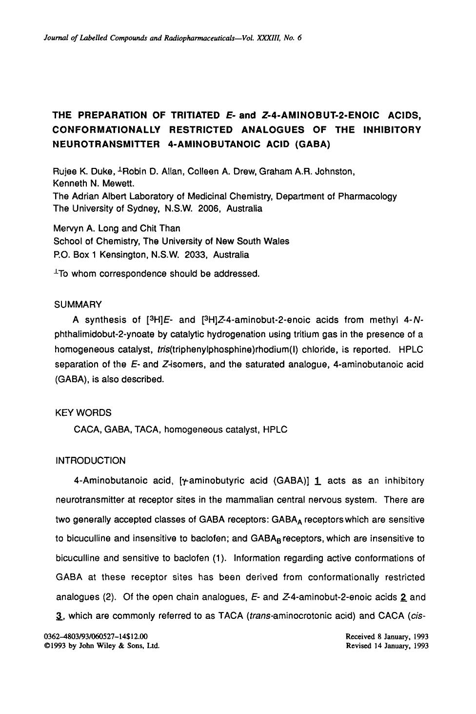 The preparation of tritiated E- and Z-4-aminobut-2-enoic acids, conformationally restricted analogues of the inhibitory neurotransmitter 4-aminobutanoic acid (GABA) by Unknown