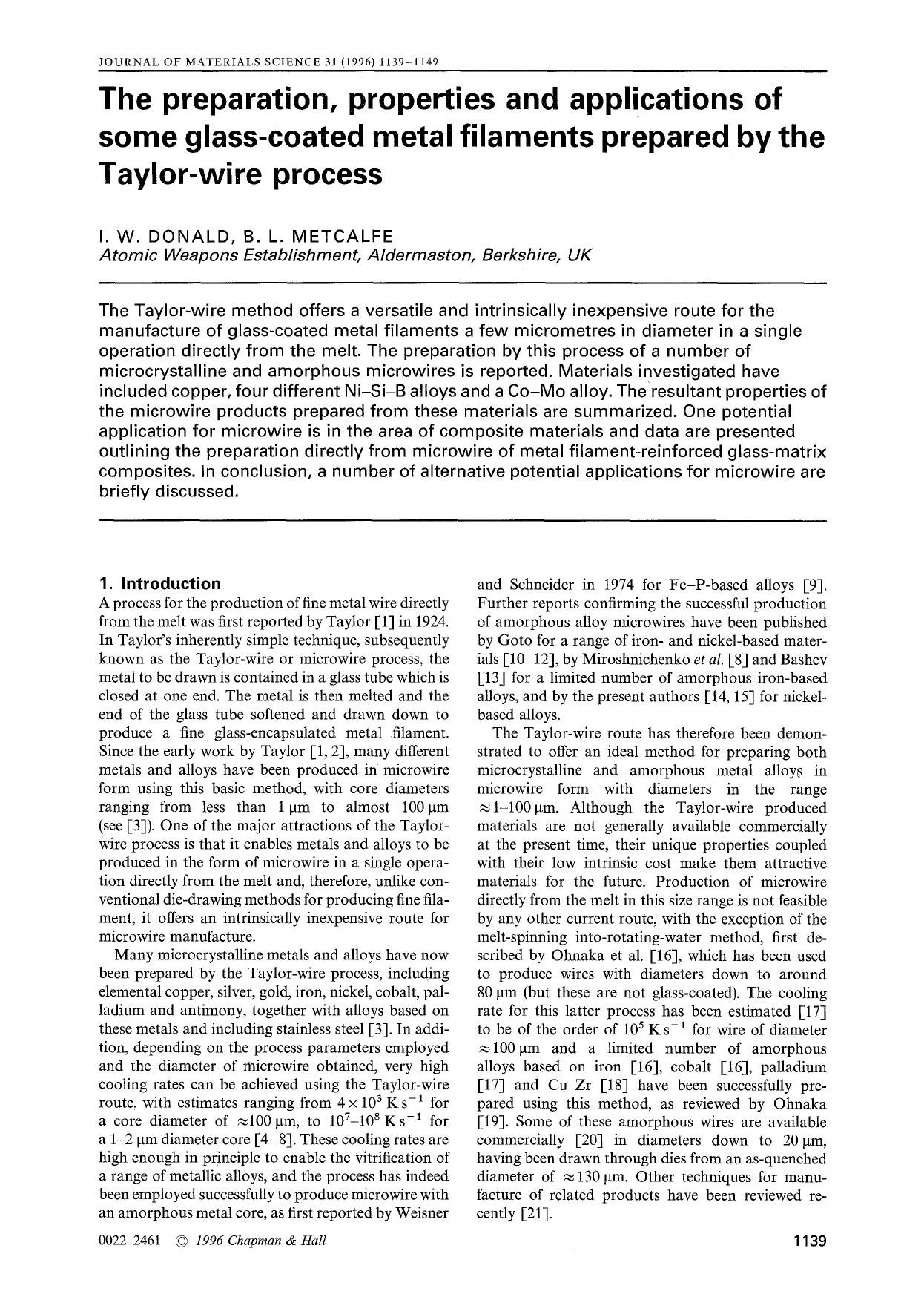 The preparation, properties and applications of some glass-coated metal filaments prepared by the Taylor-wire process by Unknown