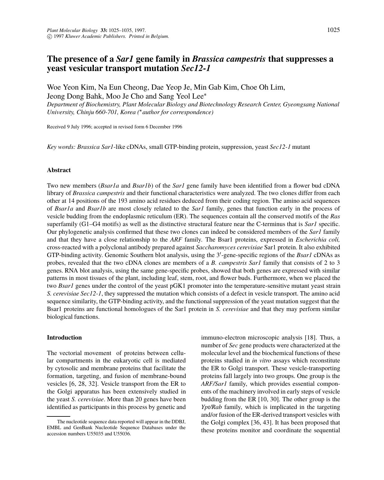 The presence of a <Emphasis Type="Italic">Sar1<Emphasis> gene family in <Emphasis Type="Italic">Brassica campestris<Emphasis> that suppresses a yeast vesicular transport mutation < by Unknown