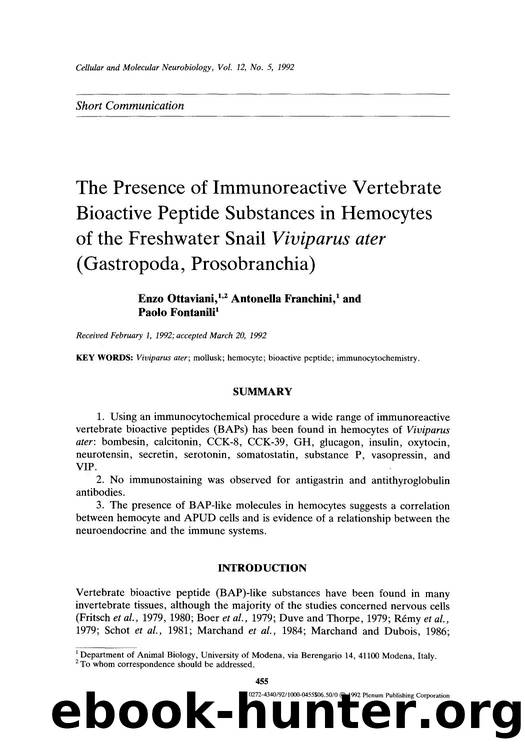 The presence of immunoreactive vertebrate bioactive peptide substances in hemocytes of the freshwater snail <Emphasis Type="Italic">Viviparus ater <Emphasis> (gastropoda, prosobranchia) by Unknown