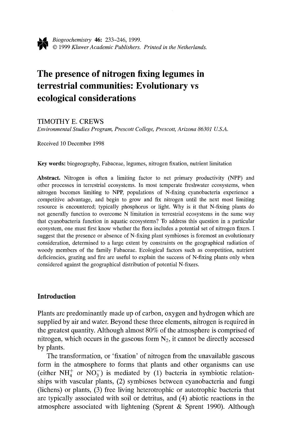 The presence of nitrogen fixing legumes in terrestrial communities: Evolutionary vs ecological considerations by Unknown