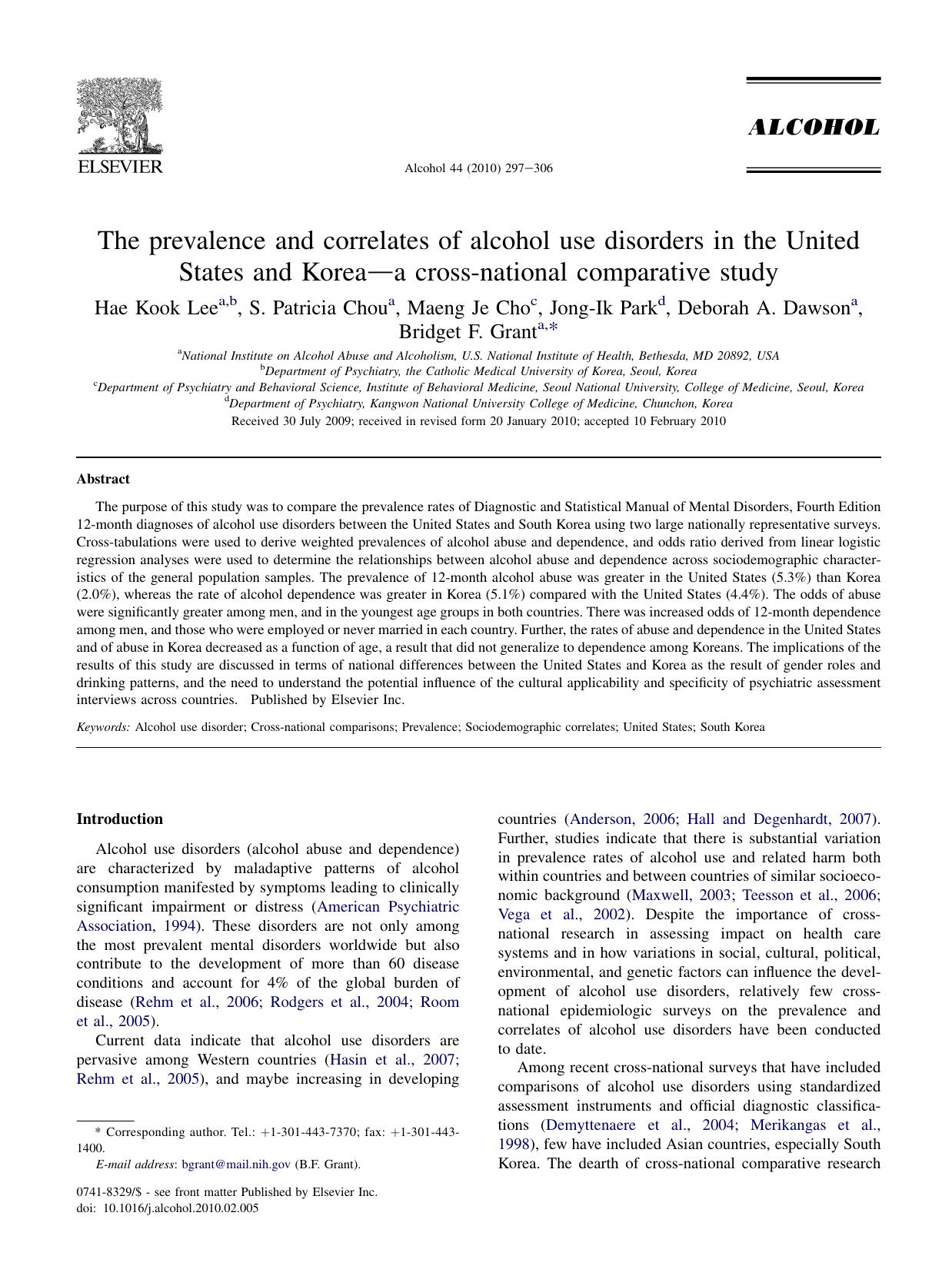 The prevalence and correlates of alcohol use disorders in the United States and Korea-a cross-national comparative study by Hae Kook Lee & S. Patricia Chou & Maeng Je Cho & Jong-Ik Park & Deborah A. Dawson & Bridget F. Grant